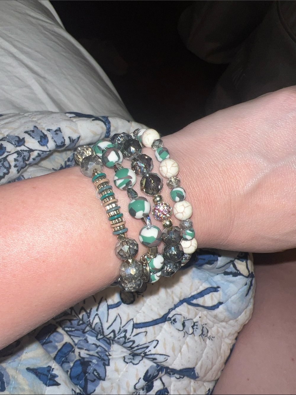 Erimish Green and White Camo Beaded Stretch Bracelet Stack